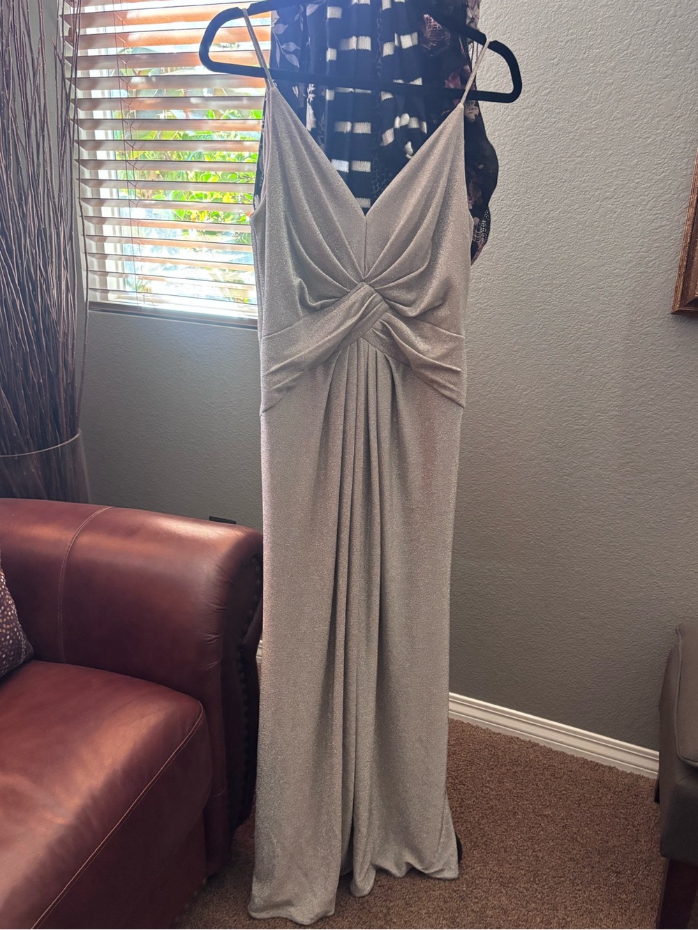 Adrianna Papell Silver Twist-Front Maxi Prom Dress